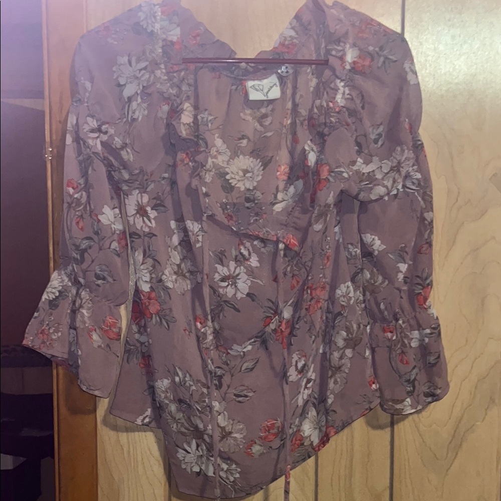 Purple Ruffled Tie Front Blouse with Bell Sleeves